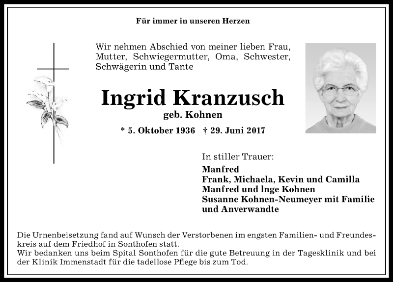 Traueranzeige von Ingrid Kranzusch von Allgäuer Anzeigeblatt