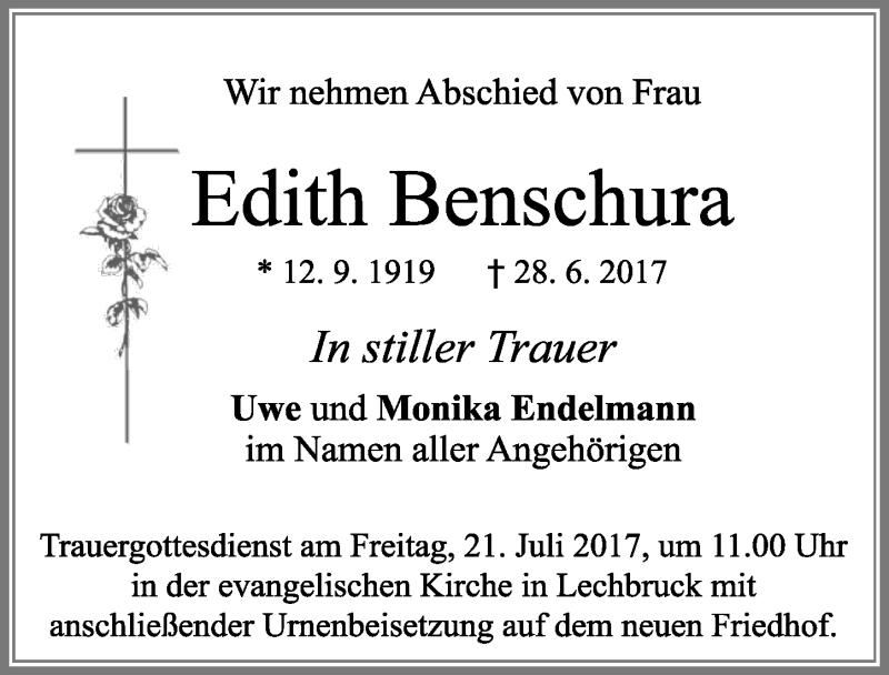 Traueranzeige von Edith Benschura von Allgäuer Zeitung, Füssen