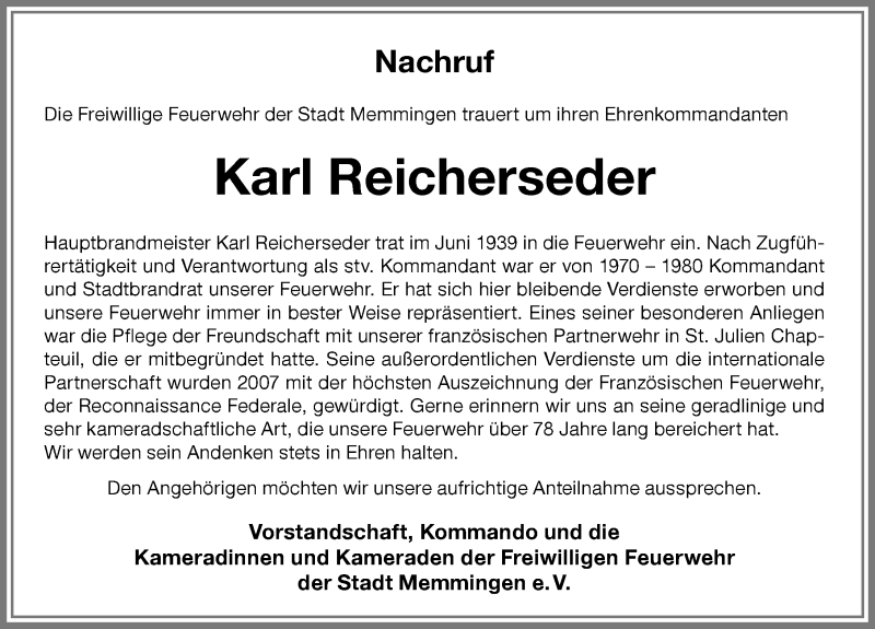 Traueranzeige von Karl Reicherseder von Memminger Zeitung