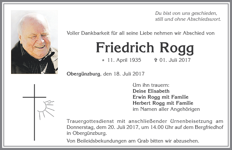 Traueranzeige von Friedrich Rogg von Allgäuer Zeitung, Marktoberdorf