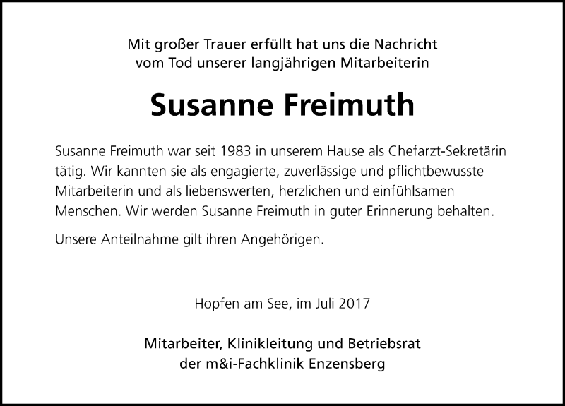 Traueranzeige von Susanne Freimuth von Allgäuer Zeitung, Füssen