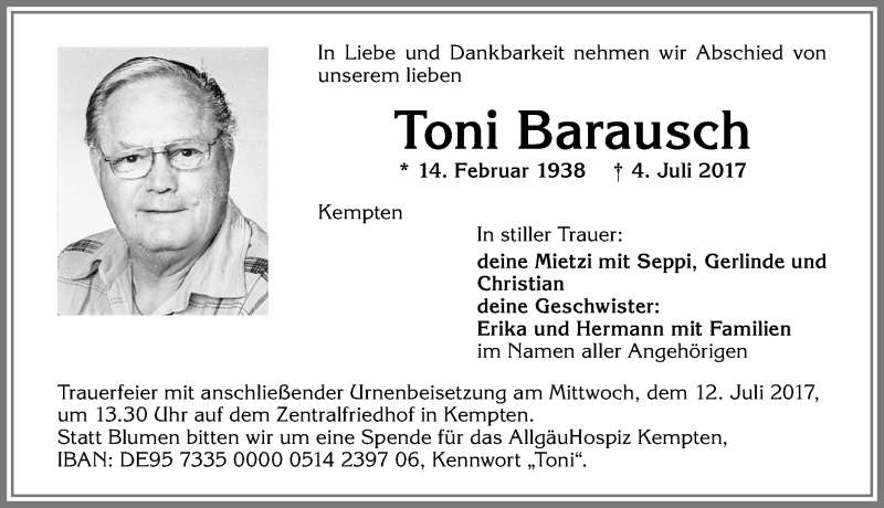 Traueranzeige von Toni Barausch von Allgäuer Zeitung,Kempten