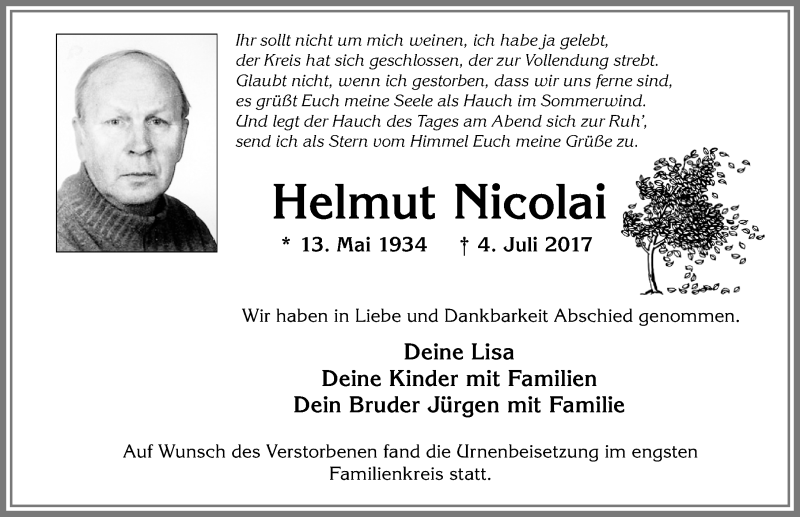 Traueranzeige von Helmut Nicolai von Allgäuer Zeitung, Kaufbeuren/Buchloe