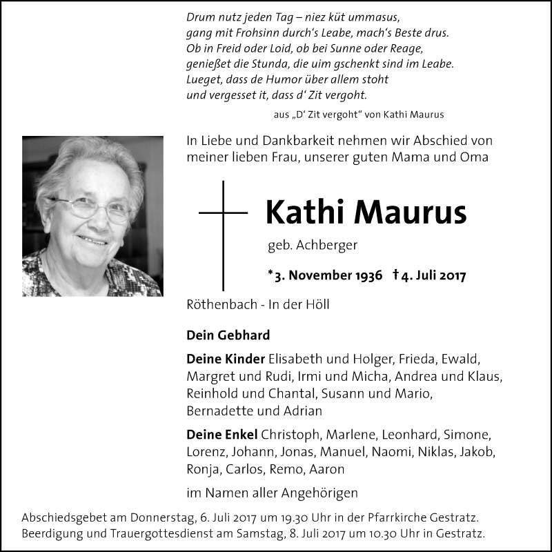 Traueranzeige von Kathi Maurus von Der Westallgäuer