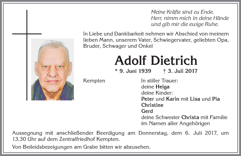 Traueranzeige von Adolf Dietrich von Allgäuer Zeitung,Kempten