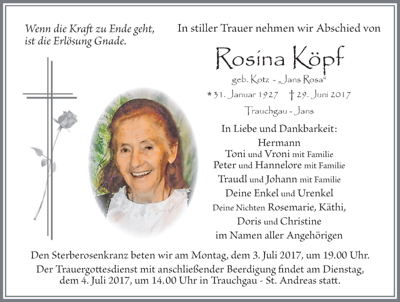 Traueranzeige von Rosina Köpf von Allgäuer Zeitung, Füssen