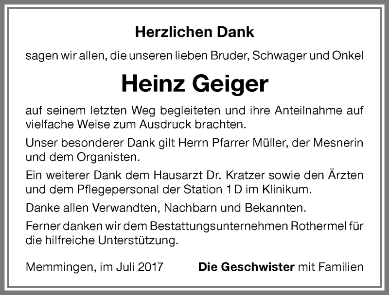 Traueranzeige von Heinz Geiger von Memminger Zeitung