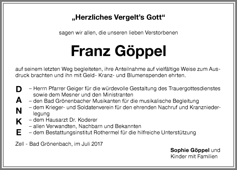 Traueranzeige von Franz Göppel von Memminger Zeitung