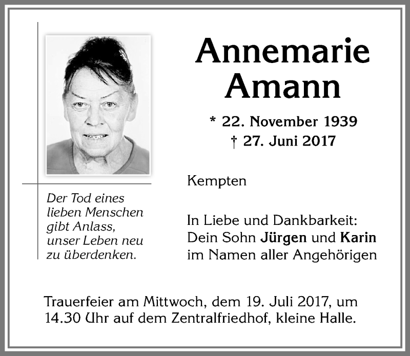 Traueranzeige von Annemarie Amann von Allgäuer Zeitung,Kempten