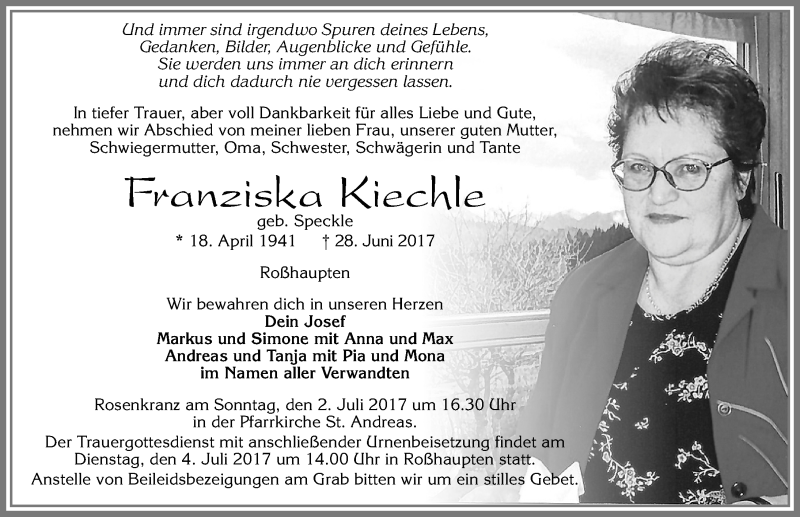 Traueranzeige von Franziska Kiechle von Allgäuer Zeitung, Füssen