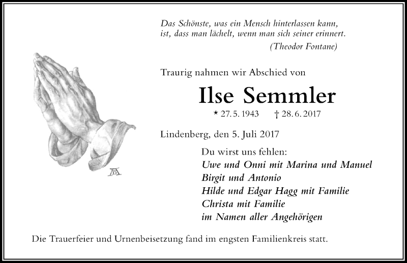 Traueranzeige von Ilse Semmler von Der Westallgäuer