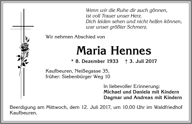 Traueranzeige von Maria Hennes von Allgäuer Zeitung, Kaufbeuren/Buchloe