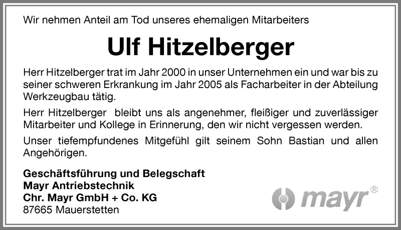 Traueranzeige von Ulf Hitzelberger von Allgäuer Zeitung, Kaufbeuren/Buchloe