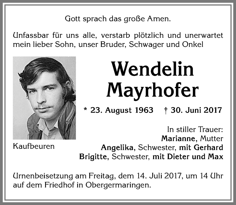 Traueranzeige von Wendelin Mayrhofer von Allgäuer Zeitung, Kaufbeuren/Buchloe