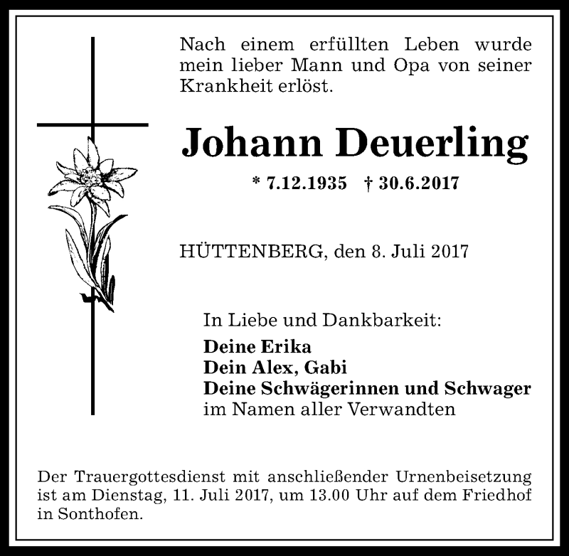 Traueranzeige von Johann Deuerling von Allgäuer Anzeigeblatt