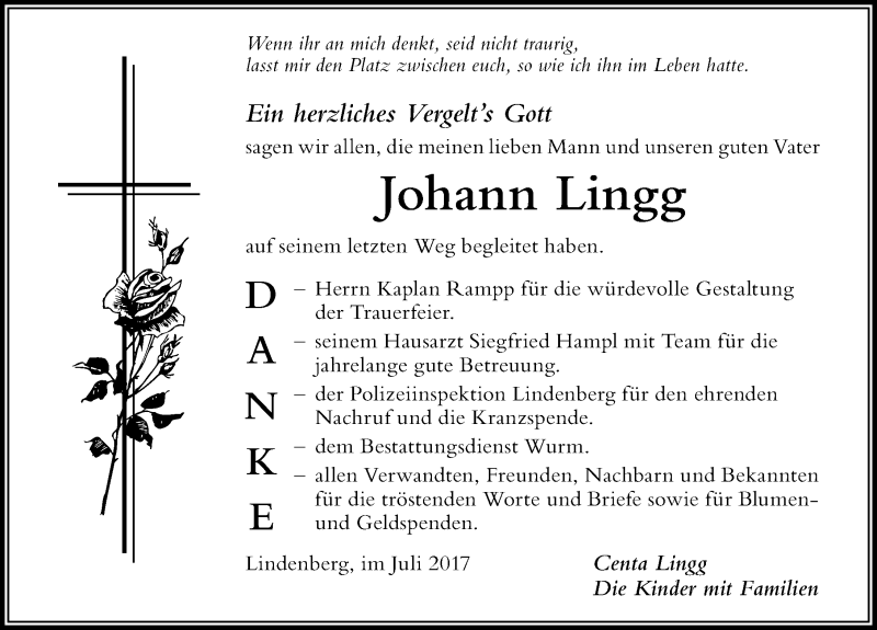 Traueranzeige von Johann Lingg von Der Westallgäuer