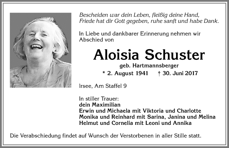 Traueranzeige von Aloisia Schuster von Allgäuer Zeitung, Kaufbeuren/Buchloe