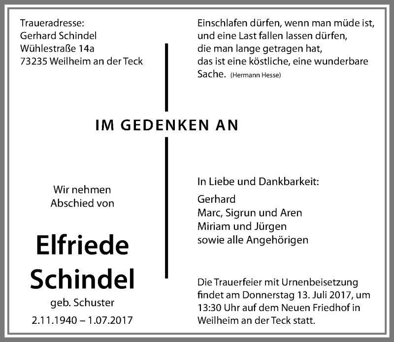 Traueranzeige von Elfriede Schindel von Memminger Zeitung