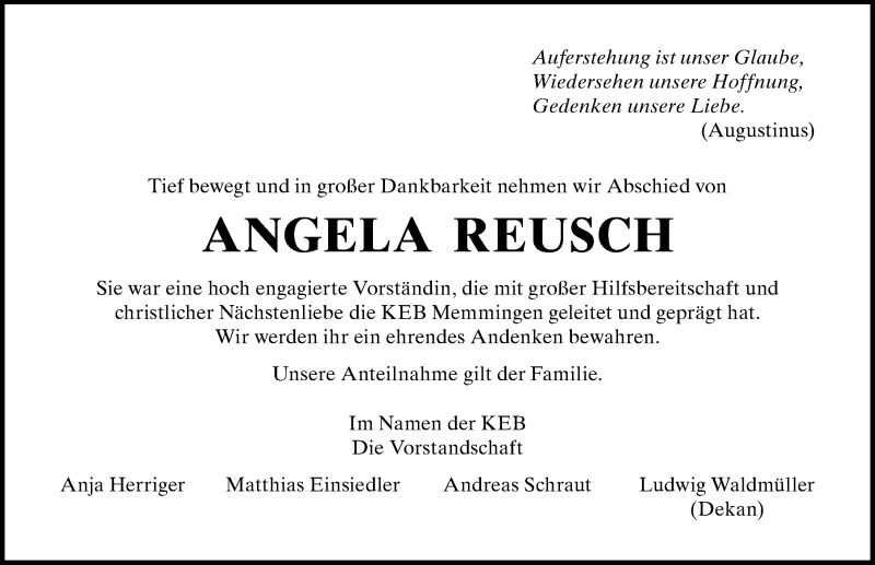 Traueranzeige von Angela Reusch von Memminger Zeitung