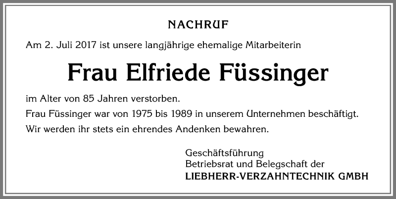 Traueranzeige von Elfriede Füssinger von Allgäuer Zeitung,Kempten