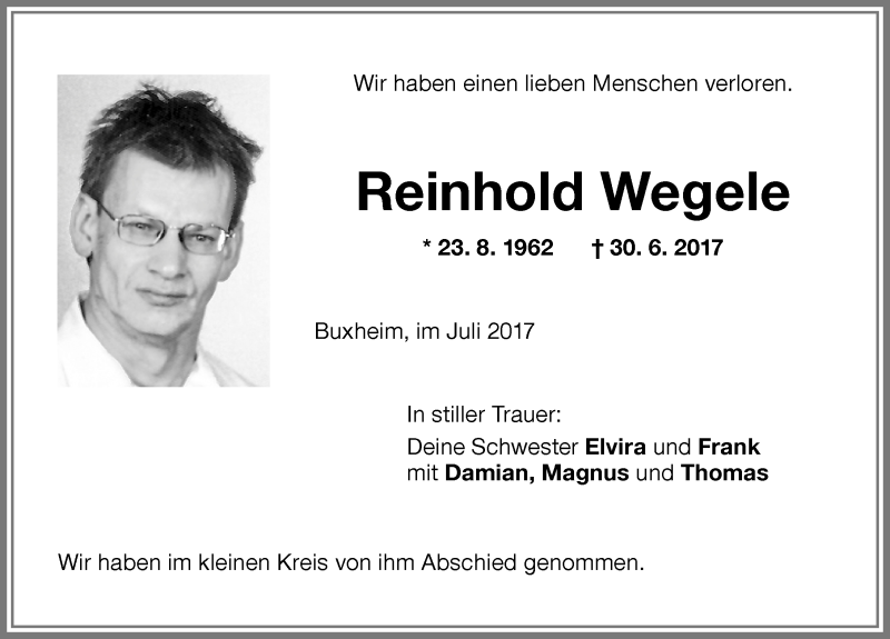 Traueranzeige von Reinhold Wegele von Memminger Zeitung