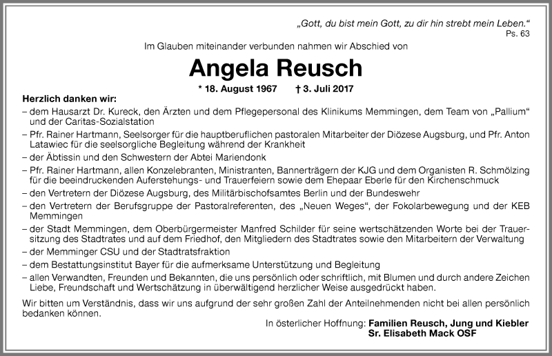 Traueranzeige von Angela Reusch von Memminger Zeitung