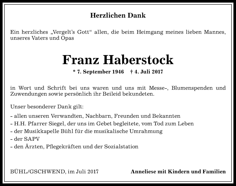 Traueranzeige von Franz Haberstock von Allgäuer Anzeigeblatt