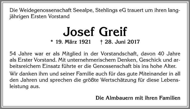 Traueranzeige von Josef Greif von Allgäuer Zeitung