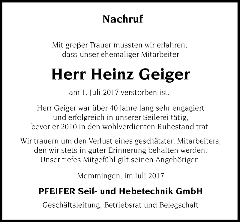 Traueranzeige von Heinz Geiger von Memminger Zeitung