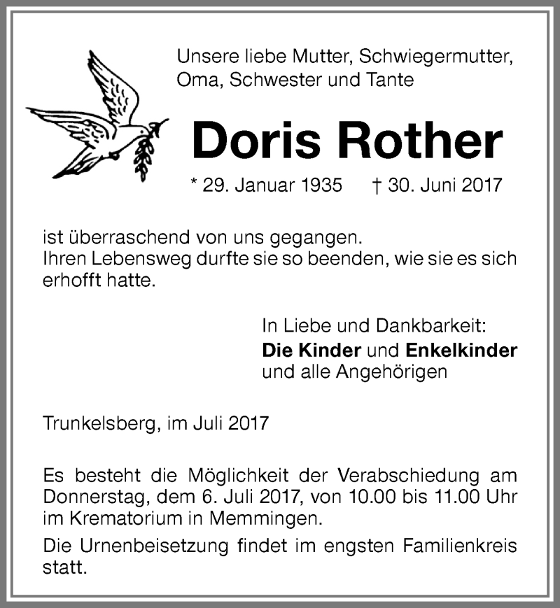 Traueranzeige von Doris Rother von Memminger Zeitung