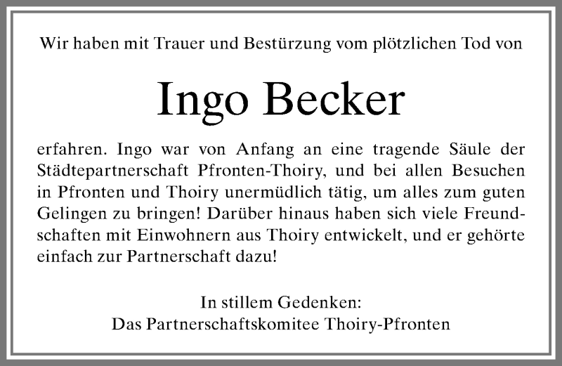 Traueranzeige von Ingo Becker von Allgäuer Zeitung, Füssen