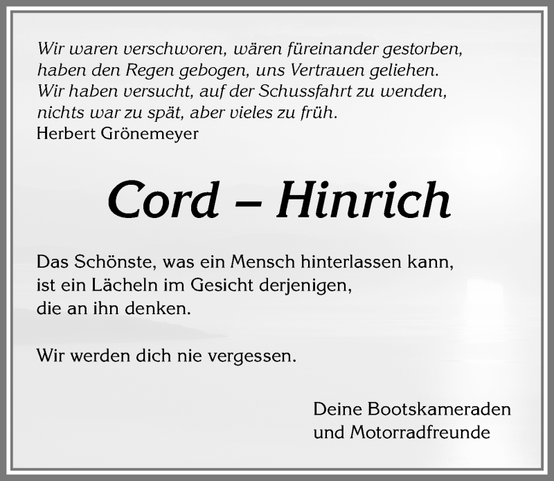 Traueranzeige von Cord Hinrich von Allgäuer Zeitung,Kempten