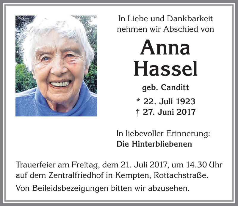 Traueranzeige von Anna Hassel von Allgäuer Zeitung,Kempten