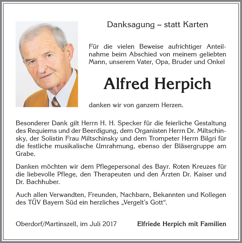 Traueranzeige von Alfred Herpich von Allgäuer Zeitung,Kempten