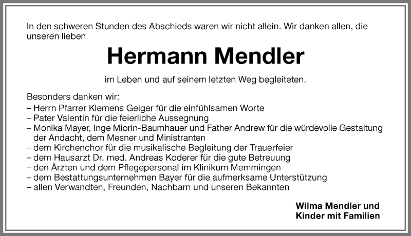 Traueranzeige von Hermann Mendler von Memminger Zeitung