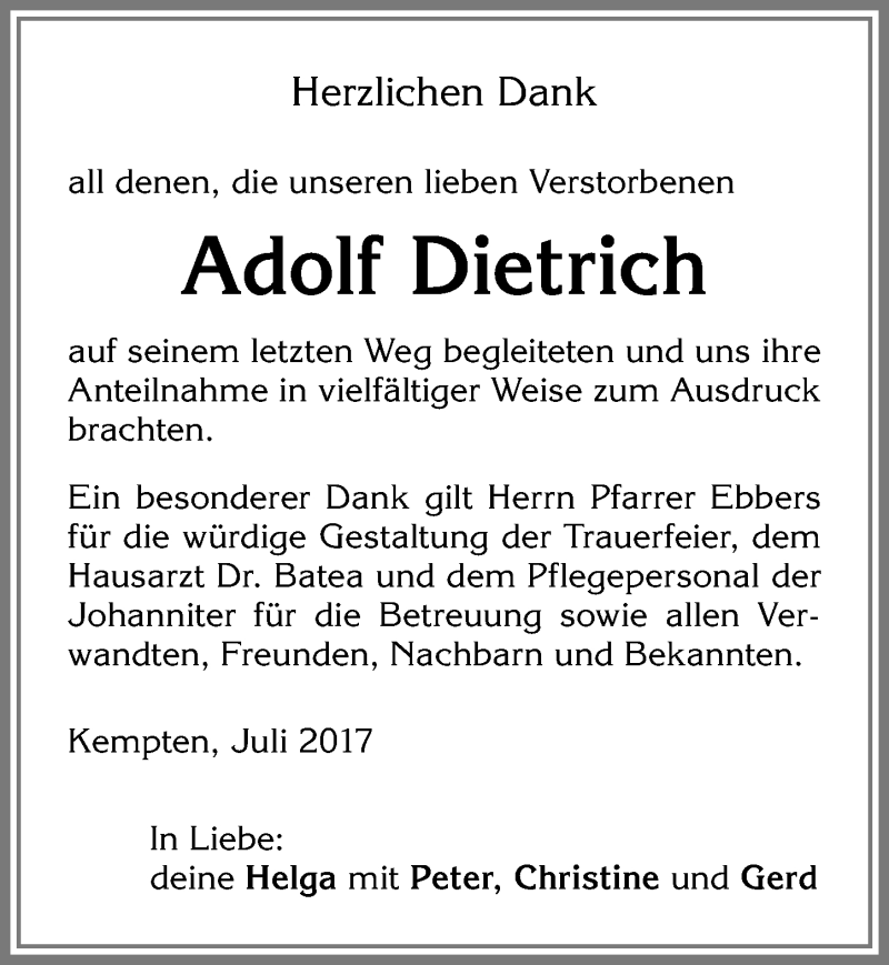 Traueranzeige von Adolf Dietrich von Allgäuer Zeitung,Kempten