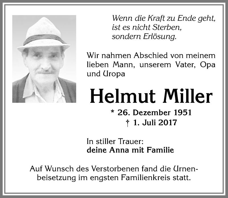 Traueranzeige von Helmut Miller von Allgäuer Zeitung, Kaufbeuren/Buchloe