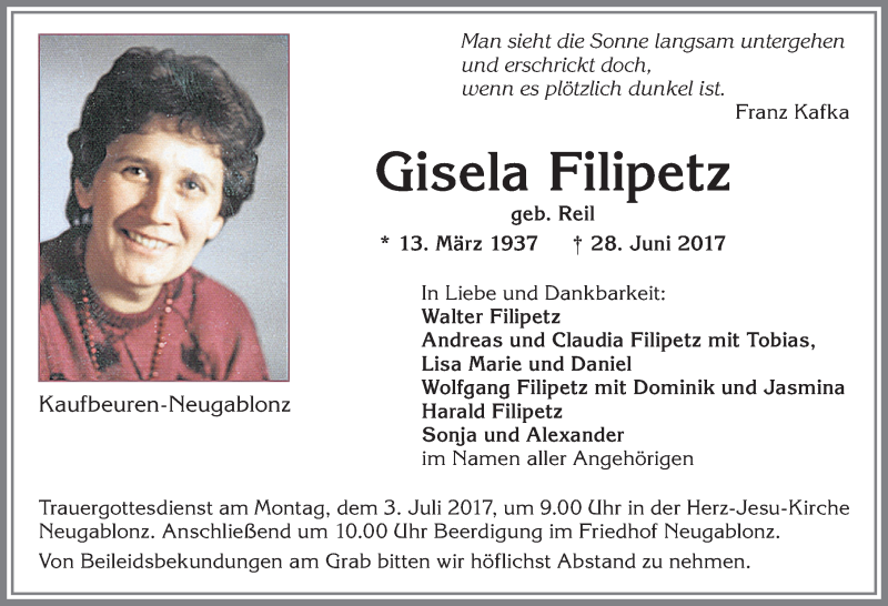 Traueranzeige von Gisela Filipetz von Allgäuer Zeitung, Kaufbeuren/Buchloe