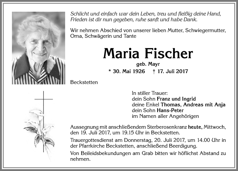 Traueranzeige von Maria Fischer von Allgäuer Zeitung, Kaufbeuren/Buchloe