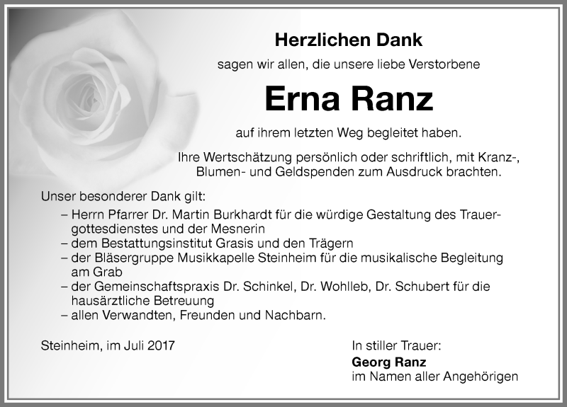 Traueranzeige von Erna Ranz von Memminger Zeitung