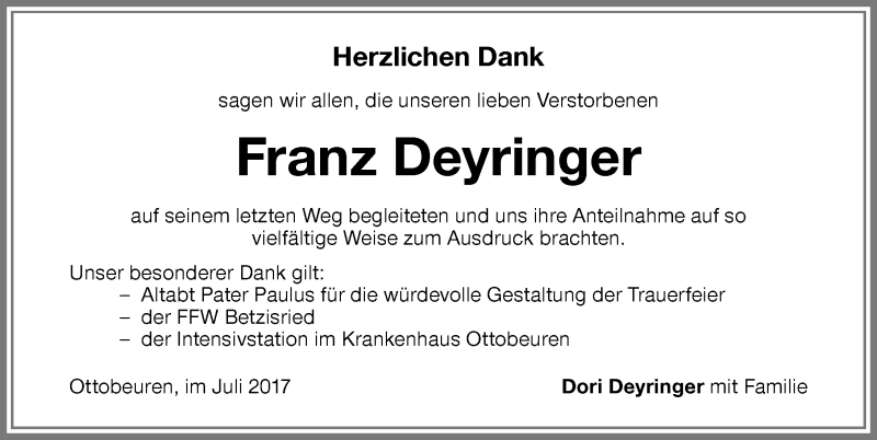 Traueranzeige von Franz Deyringer von Memminger Zeitung