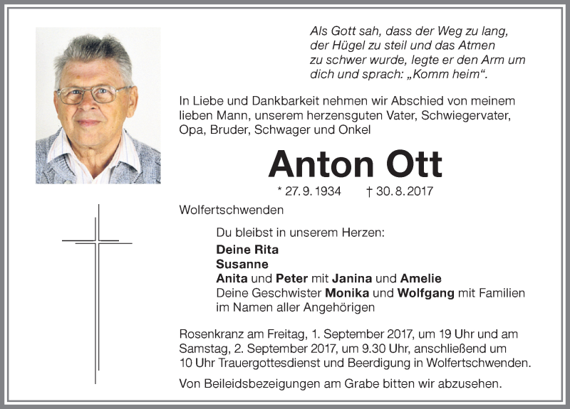 Traueranzeige von Anton Ott von Memminger Zeitung