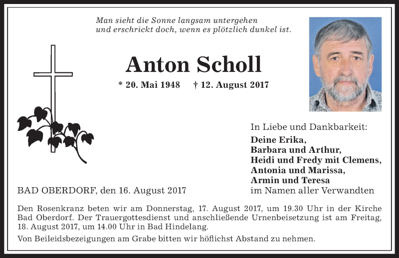 Traueranzeige von Anton Scholl von Allgäuer Anzeigeblatt