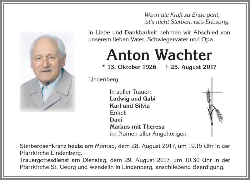 Traueranzeige von Anton Wachter von Allgäuer Zeitung, Kaufbeuren/Buchloe