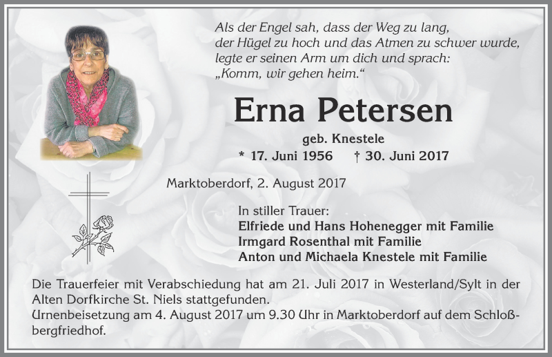 Traueranzeige von Erna Petersen von Allgäuer Zeitung, Marktoberdorf