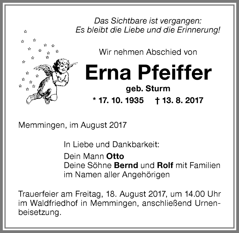 Traueranzeige von Erna Pfeiffer von Memminger Zeitung