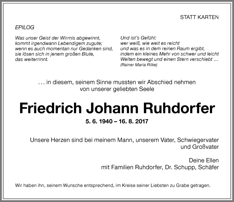 Traueranzeige von Friedrich Johann Ruhdorfer von Memminger Zeitung