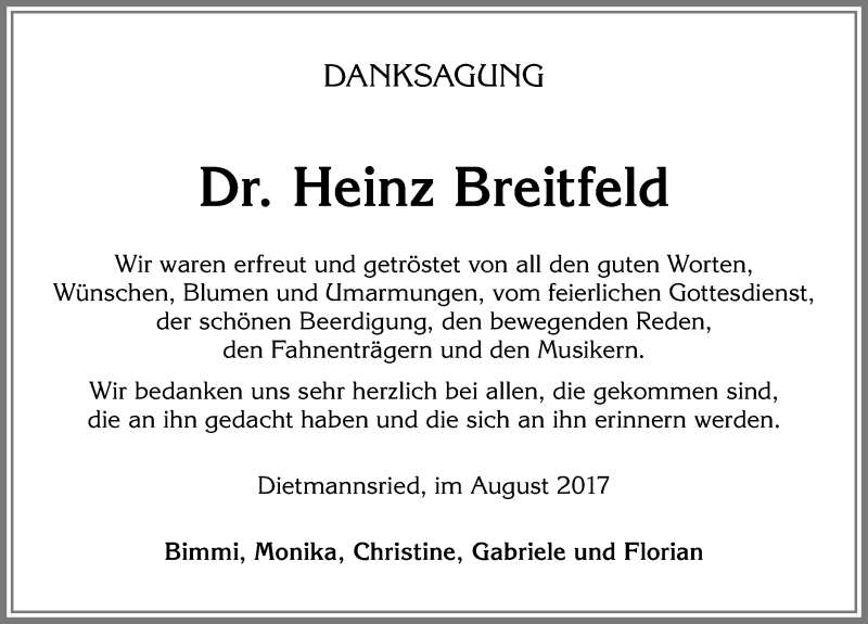 Traueranzeige von Heinz Breitfeld von Allgäuer Zeitung