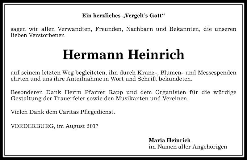 Traueranzeige von Hermann Heinrich von Allgäuer Anzeigeblatt