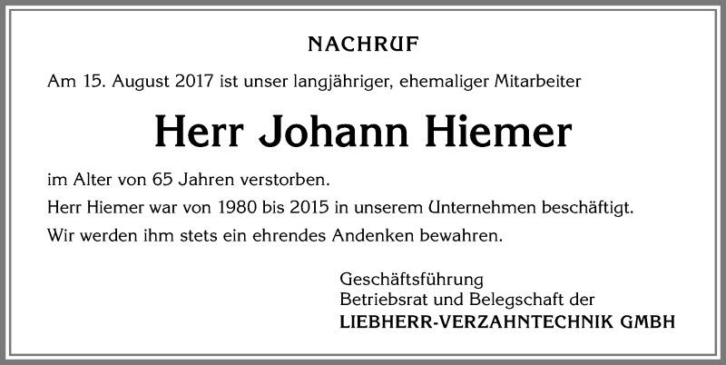 Traueranzeige von Johann Hiemer von Allgäuer Zeitung,Kempten